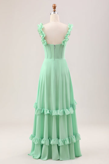 Green A Line Off The Shoulder Corset Maxi Dress With Ruffles